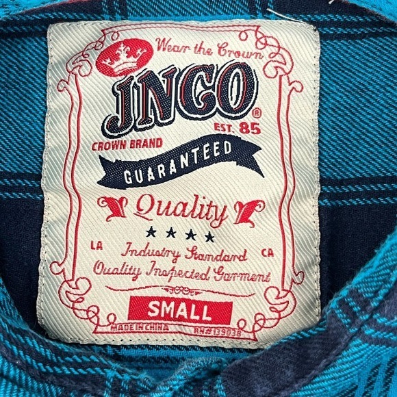 JNCO Flannel Long Sleeve Button Up Shirt Mens S Teal Cowboy Streetwear Chorecore - Picture 7 of 10